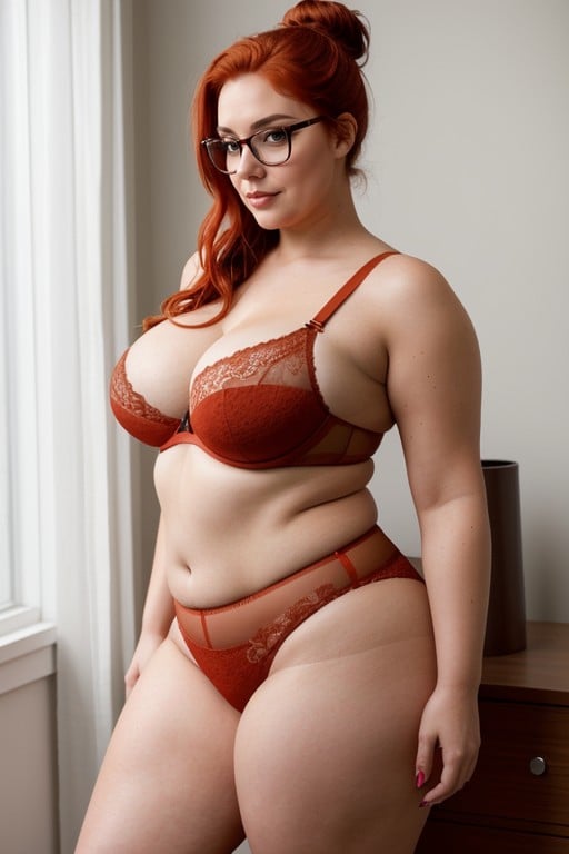 She Has Massive Chubby And Thick Thighs, Chubby Stomach, Wearing Orange High Waisted Lace Thong人妖AI色情