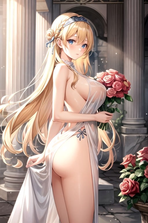 In Sheer Light Flowing Fabric Greek Toga, Standing Next To Ancient Greek Ruins, Holding Bouquet Of RosesAI黄片