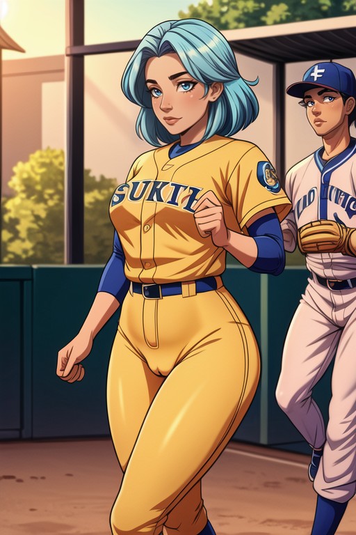 Light Blue Hair, Small Breast, Baseball Uniform AI Porn