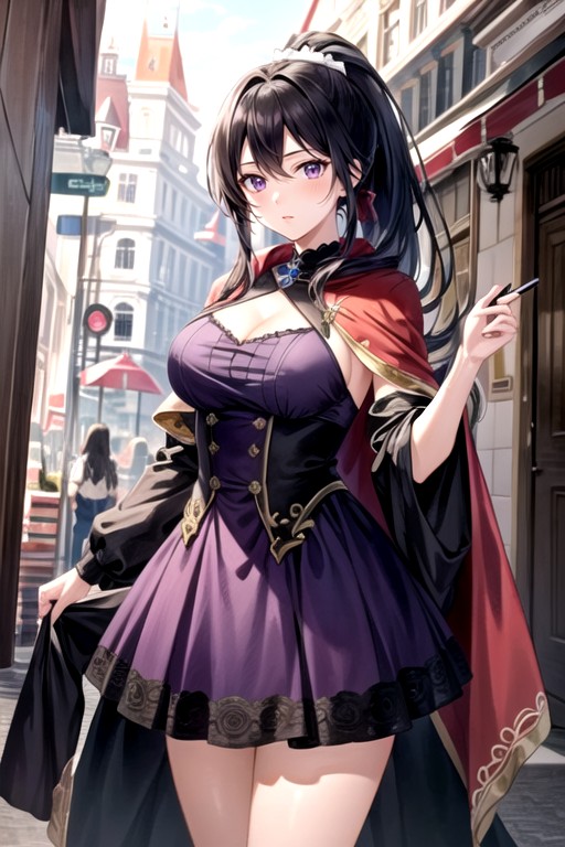 포니테일, Anime Young Woman With Long Black Hair And Purple Eyes And Purple Dress And Red Cape Holding쉬메일 AI 포르노