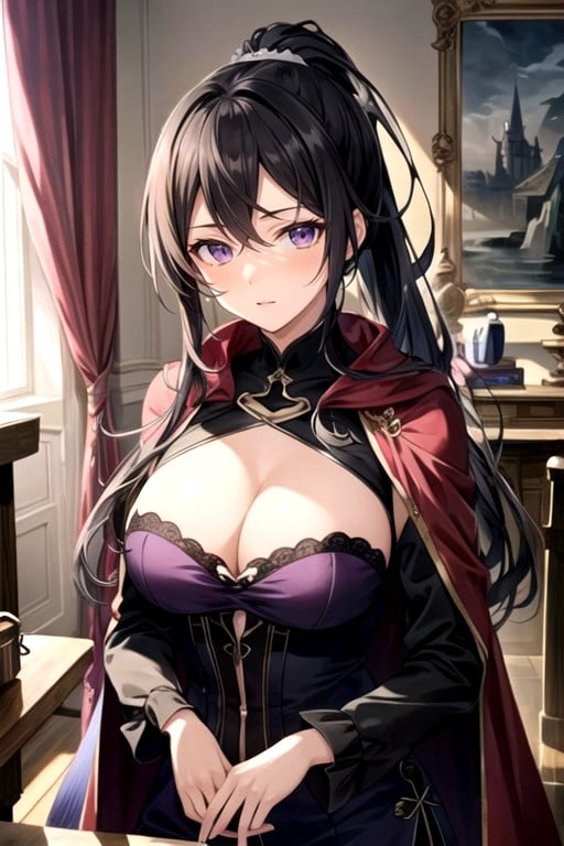 Mimi Houllier Von Schwarzlangatelier Series, Ponytail, Anime Young Woman With Long Black Hair And Purple Eyes And Purple Dress And Red Cape Holding AI Porn