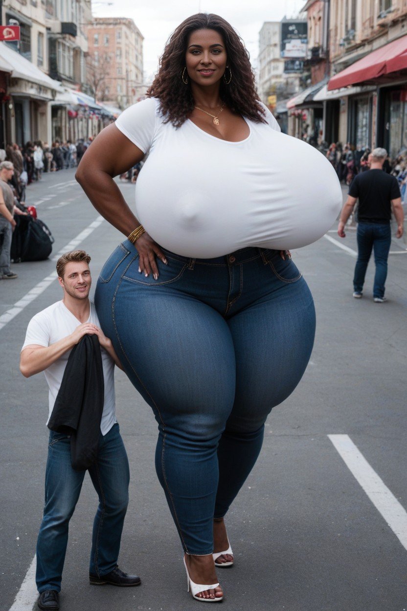 Busy Crowd Background, Extreme Hyper Girth, Woman Is Towering Over ManニューハーフAIポルノ