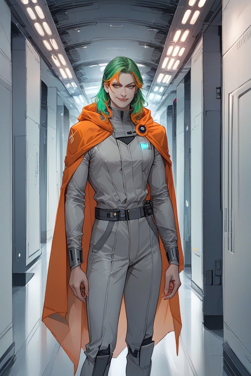 A Beautuful Woman Pale Skin Shoulder Length Bright Green Hair Smirk Wearing Futuristic Grey Clothing With Orange Highlights Cape Futuristic Star Wars Style HallwayPorno AI