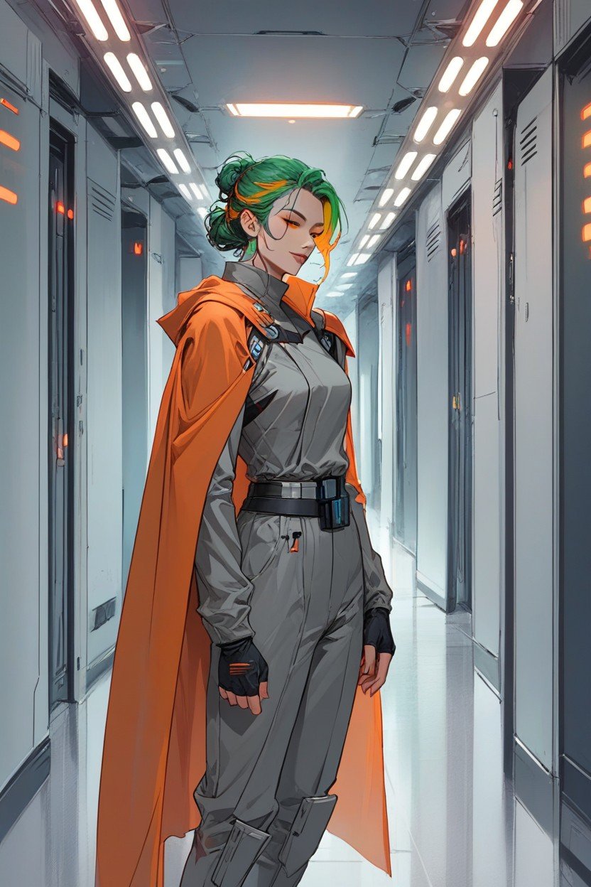 A Pretty Woman Pale Skin Shoulder Length Bright Green Hair Wearing Futuristic Grey Clothing With Orange Highlights Cape Futuristic Star Wars Style Hallway Pornografia peluda com IA