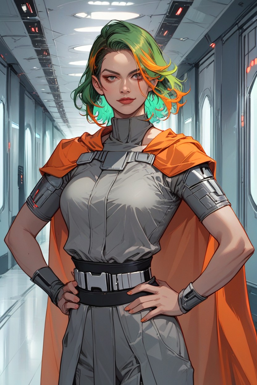 A Pretty Woman Pale Skin Shoulder Length Bright Green Hair Wearing Futuristic Grey Clothing With Orange Highlights Cape Futuristic Star Wars Style Hallway, 半身照, 手搭腰AI黄片