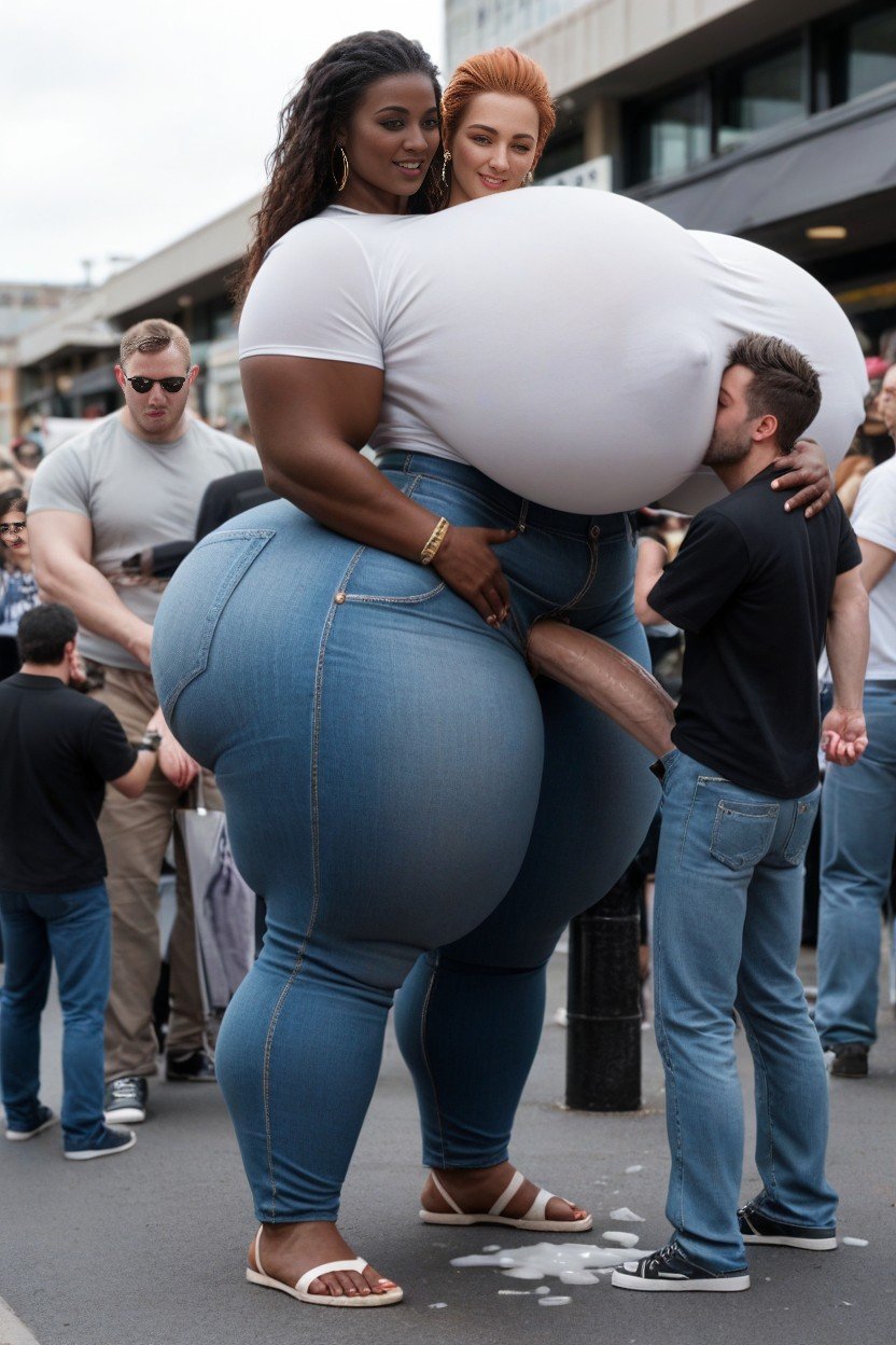 Gigantic Woman Completely Towering Over Black Man, Public Road Background, African Man Shemale AI Porn