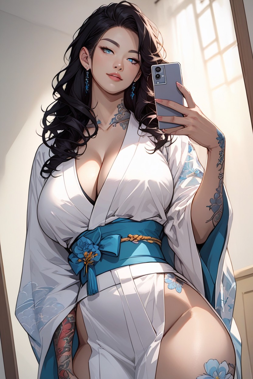 White Kimono, Light Blue Eyes, Front View Furry AI Porn