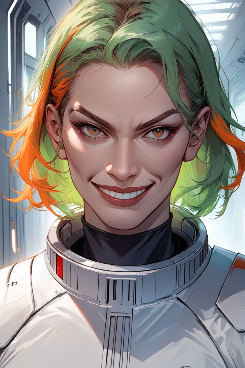 Smirk, Green Hair, A Pretty Woman Pale Skin Wearing Futuristic Grey Clothing With Orange Highlights Cape Futuristic Star Wars Style Hallway AI Porn