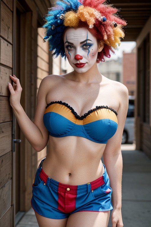 Yellow Suspenders, Heavy Clown Make Up, ストラップレスのトップニューハーフAIポルノ