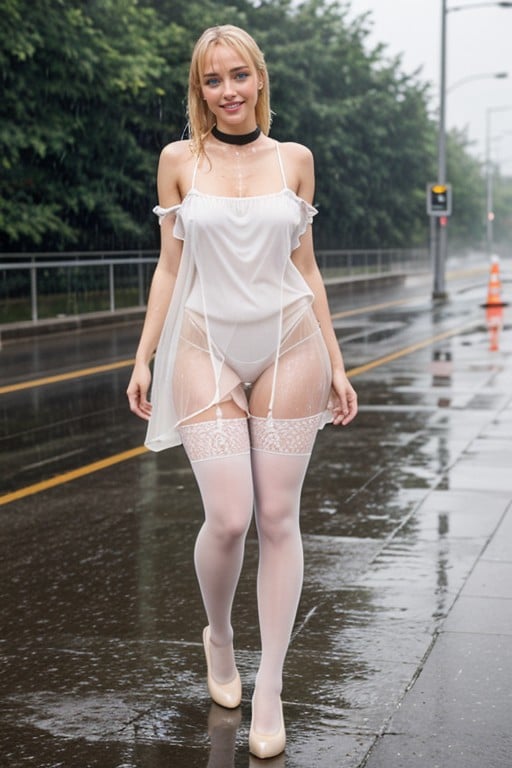 Blue Eyes, Wet In The Rain, Thigh High SocksファーリーAIポルノ