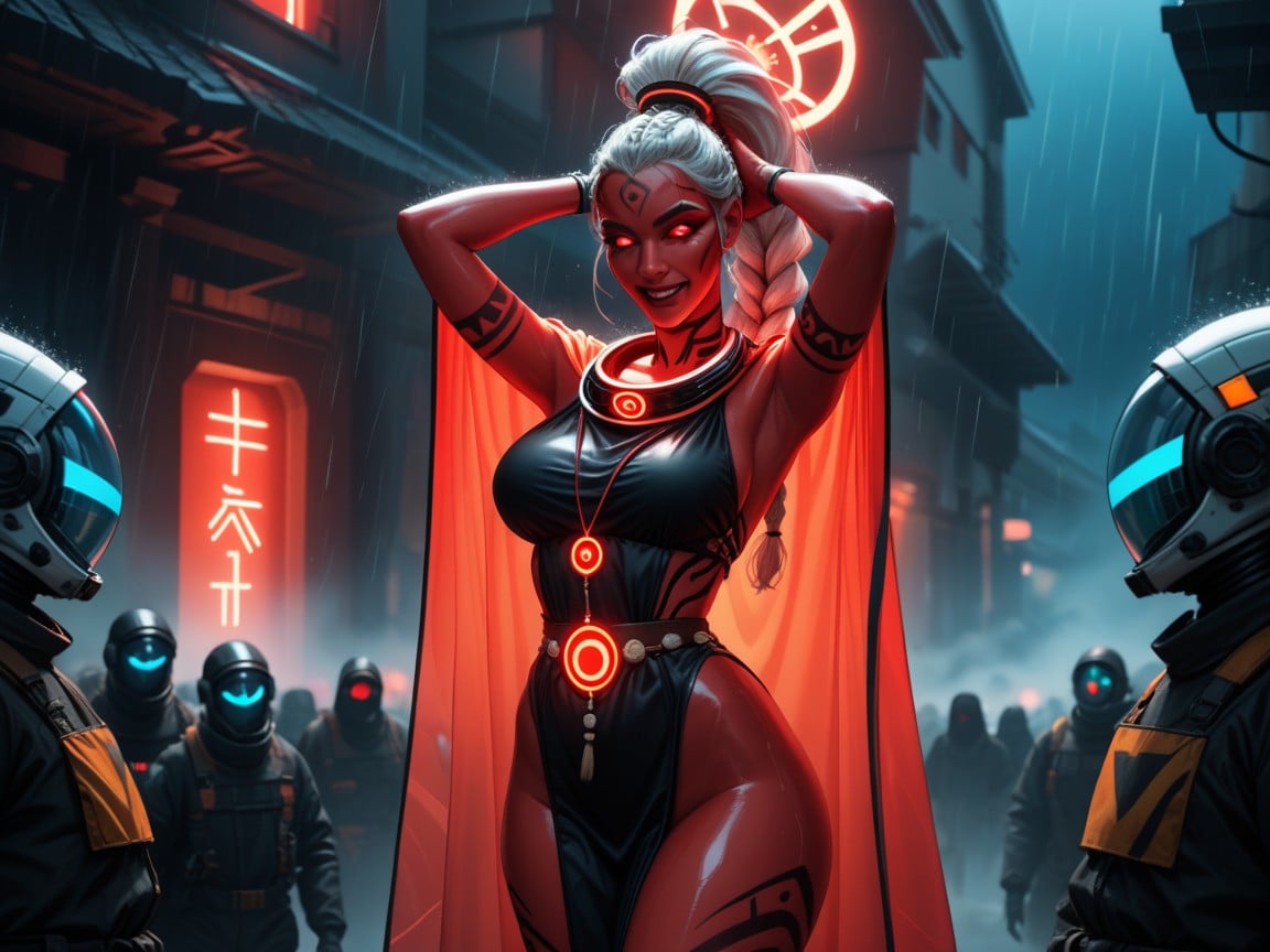 Red Neon Fog In Background, Alien Goddess, Alien Religious StatuesAI黄漫