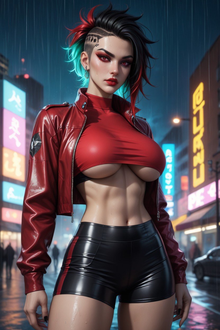 Punk Hair, Red Crop Top, Exposed MidriffAIポルノ