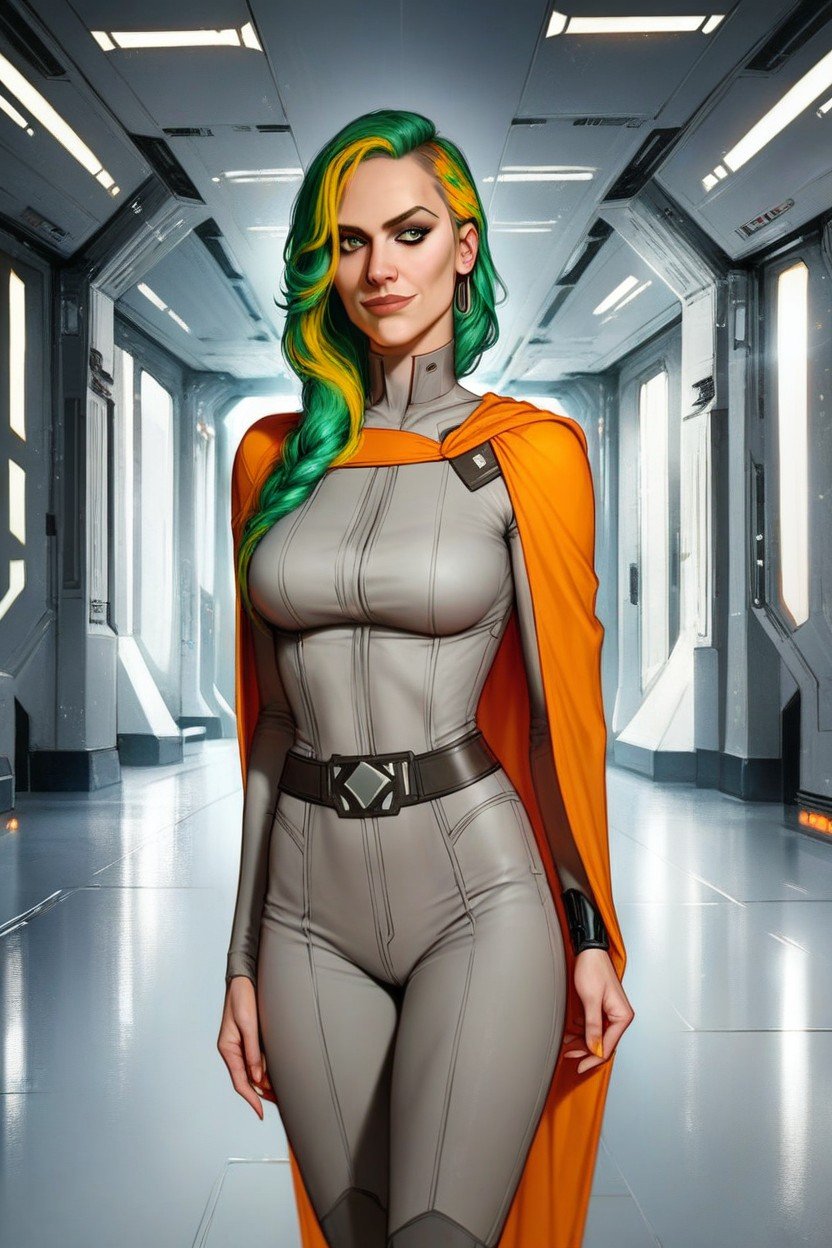 A Beautuful Woman Pale Skin Shoulder Length Bright Green Hair Smirk Wearing Futuristic Grey Clothing With Orange Highlights Cape Futuristic Star Wars Style Hallway AI Porn