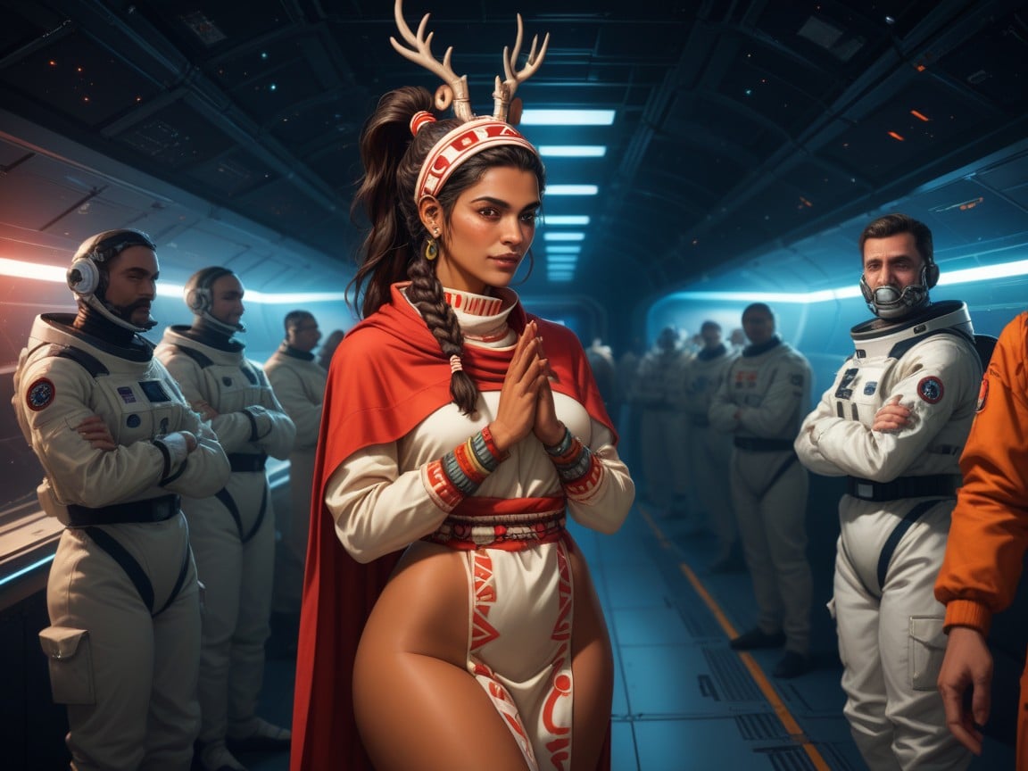 Wearing Red Tribal Space Suit, Religious Leader, Tribal Spaceship Decor AI Porn