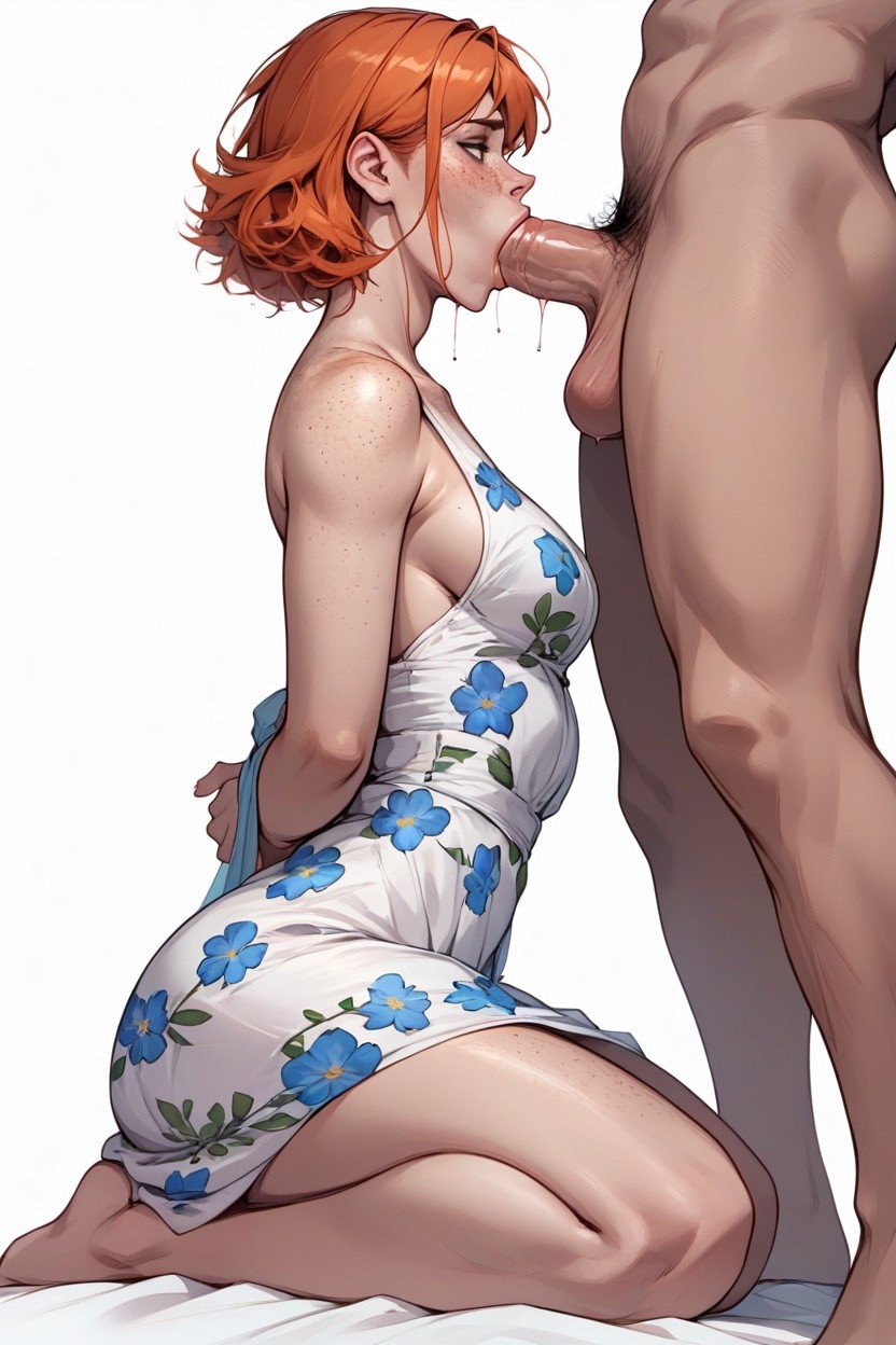 White Background, Blue Floral Dress, GingerPorno AI