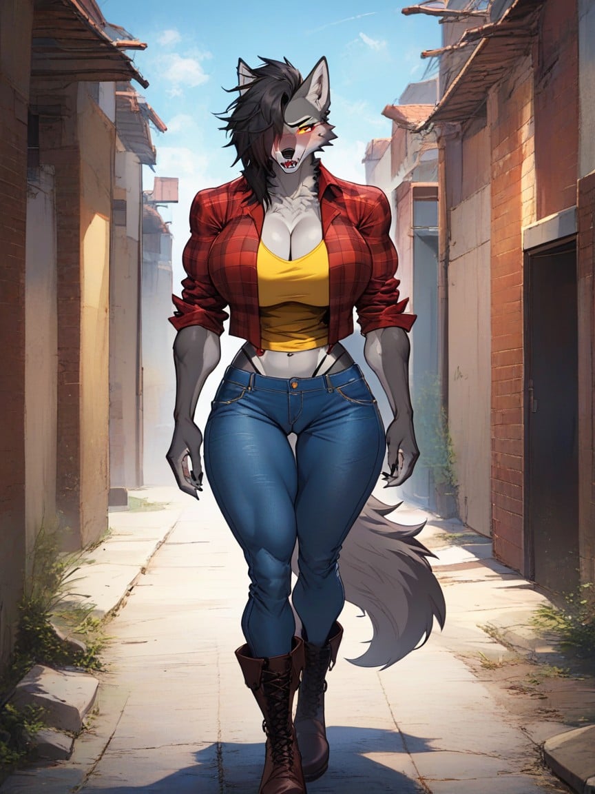 Hair Covering One Eye, Low Waist Blue Denim Pants, Wolf Pornografia peluda com IA