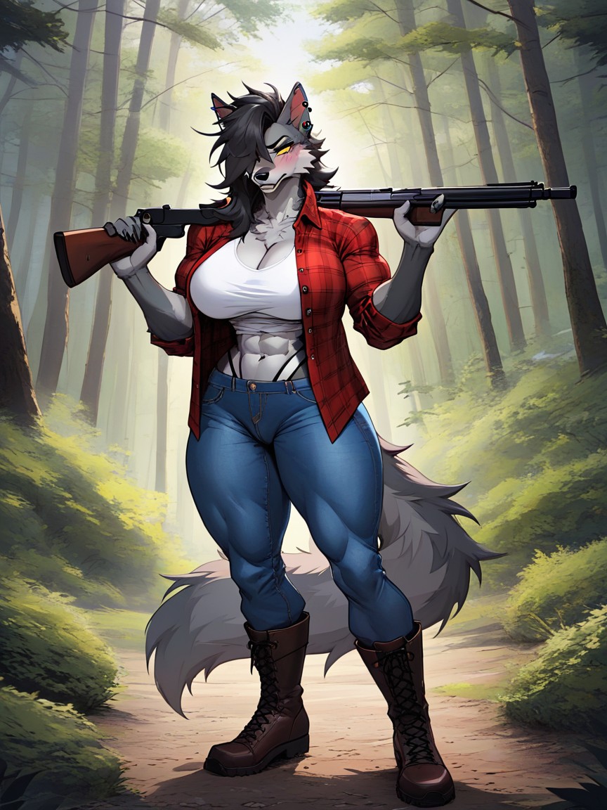 Wolf, Forest, Cleavage Furry AI Porn