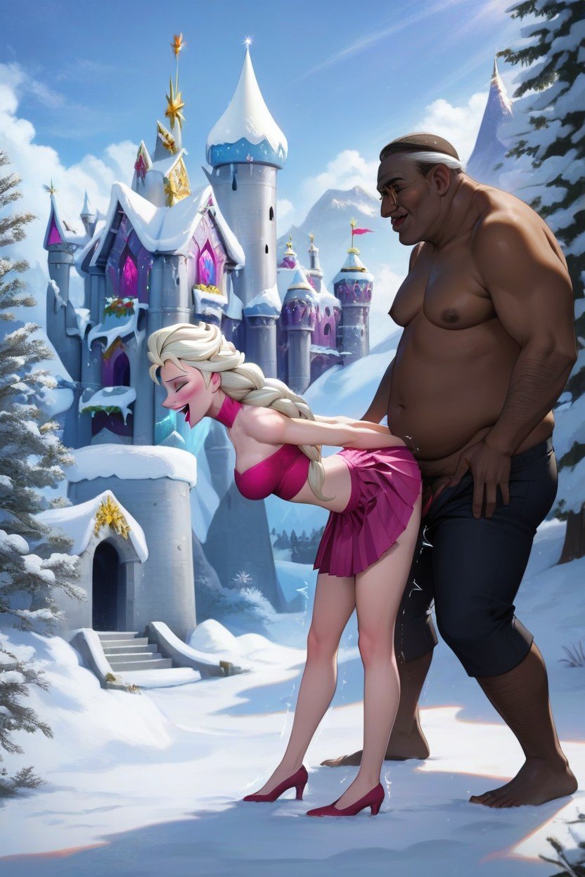 Snow Castle, Feliz, Olhos Semi-fechados Pornografia de IA