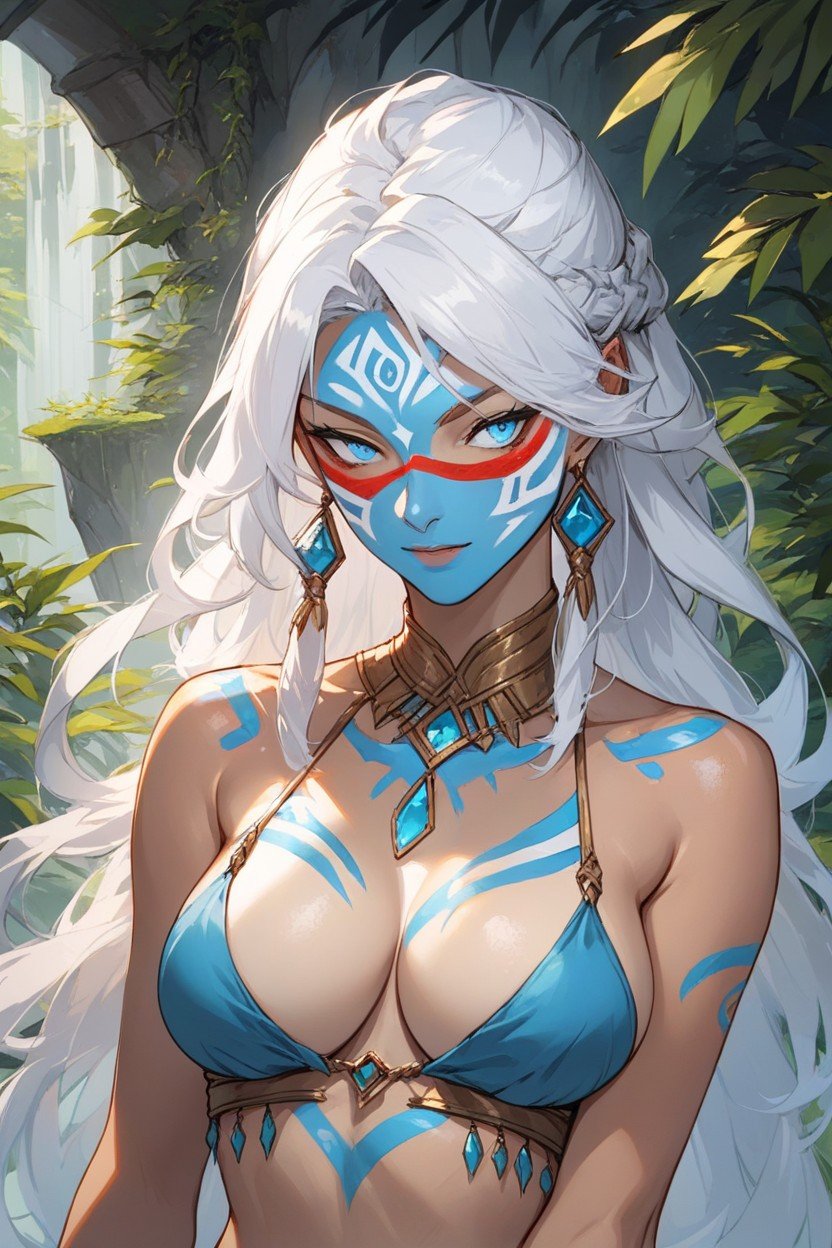 Blue Eyes, Low Amount Of Blue Face Paint, Long White Hair Hentai IA pornografia