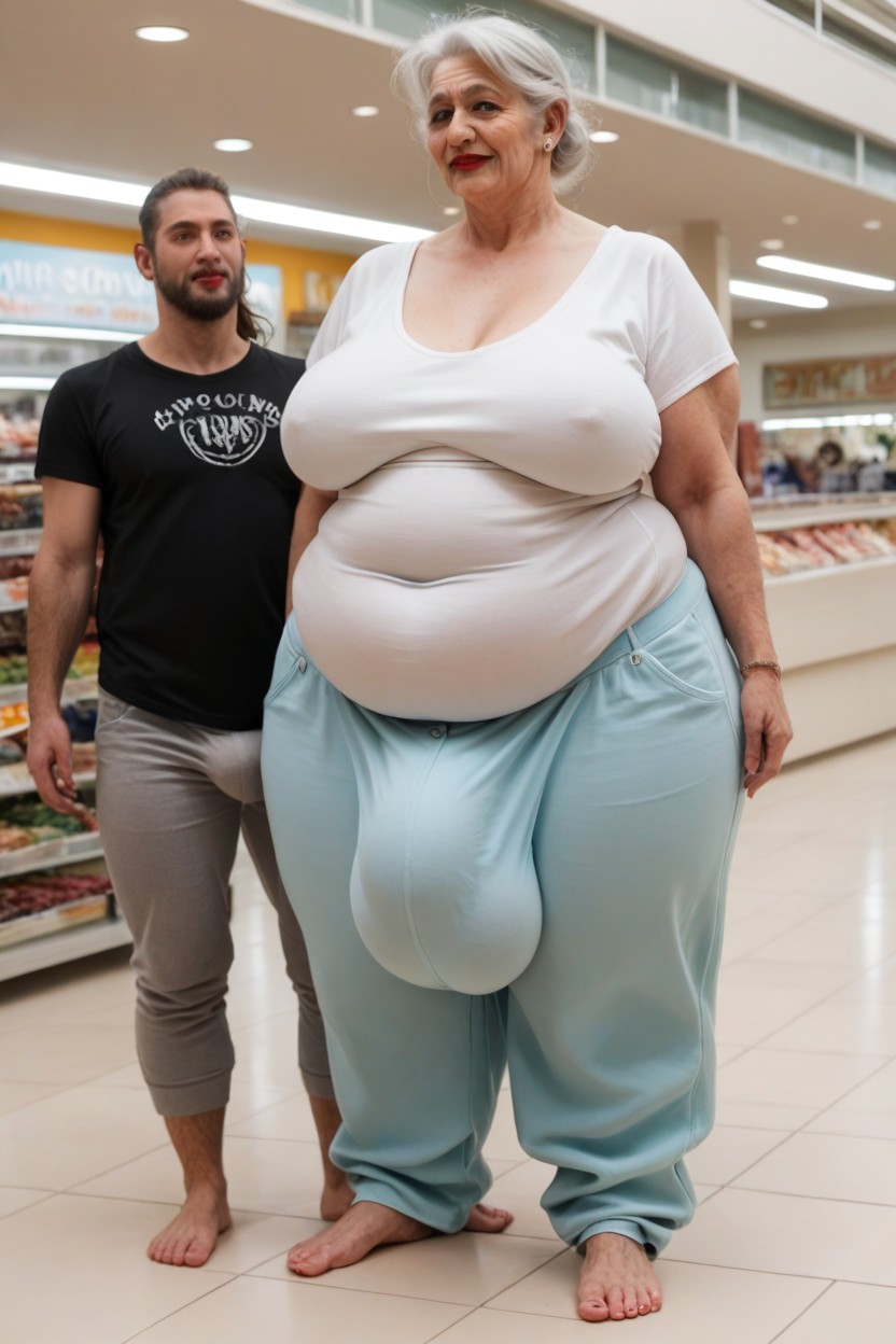 Grinning, White Hair, Gigantic Saggy Breast Shemale AI Porn