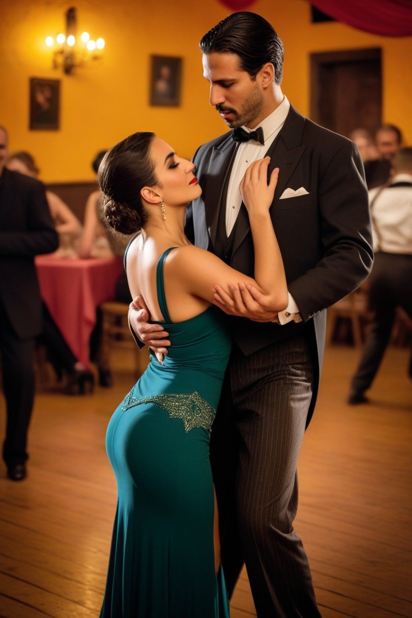 With Worn Walls, Warm Lighting In The Center Of The Image There Is A Tango Dance Couple In The Background There Are Other Dancing Couples, And Soft ИИ порно