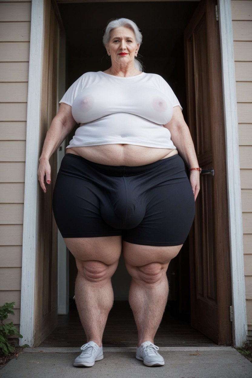Bottom Up, Standing Outside Front Door, Grinning Shemale AI Porn