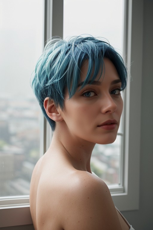 Il Pleut, Fenêtre Avec Vue, Cheveux Bleu ClairPorno IA