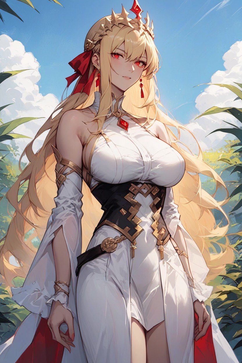 Red Eyes, Straight Long Blonde Hair, Natural Big BreastsAI黃漫