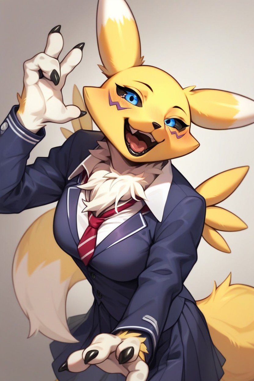 Laughing, Fully Dressed, Renamon Furry AI Porn