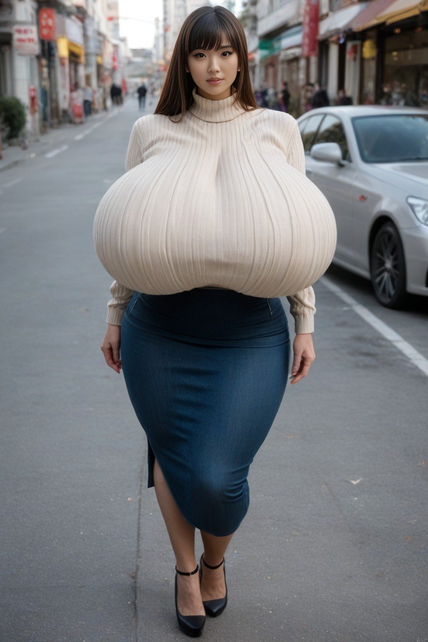 Detailed Face, Gigantic Saggy Breasts In Clothes, Disproportionately Massive Fake BreastsAI黄片