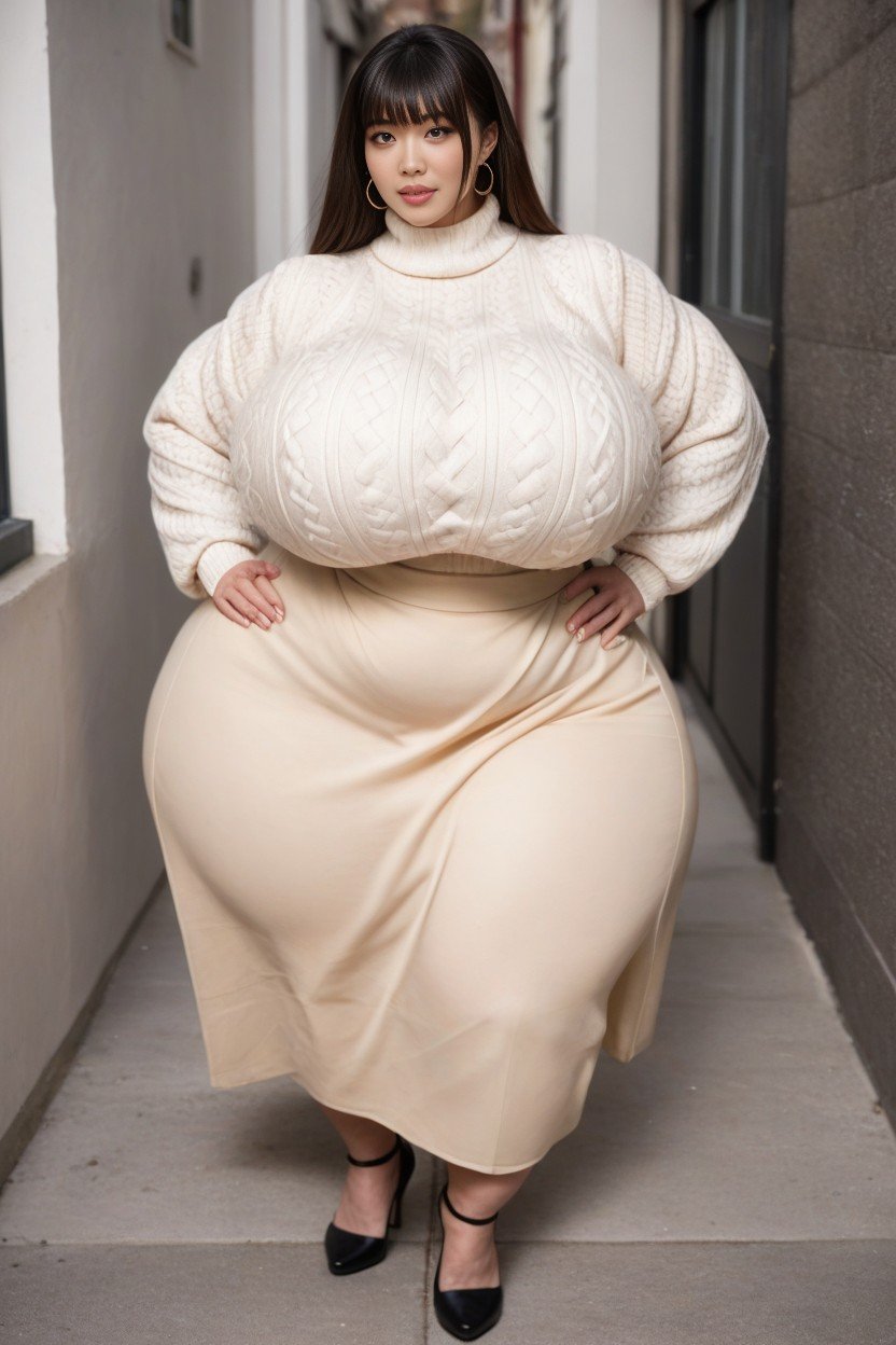 迷你裙, Gigantic Saggy Breasts In Clothes, 單人圖AI黃片