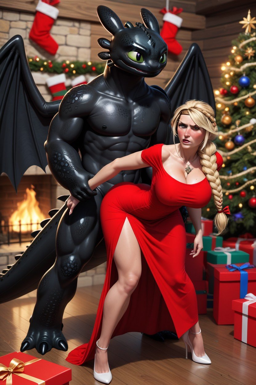 Peito Grande, Dragon Sex, Red Christmas Long Dress Pornografia de IA