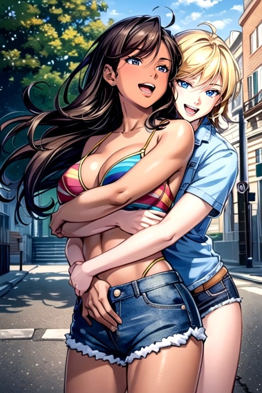 Jean Shorts, Arms Spread, Cute AI Porn