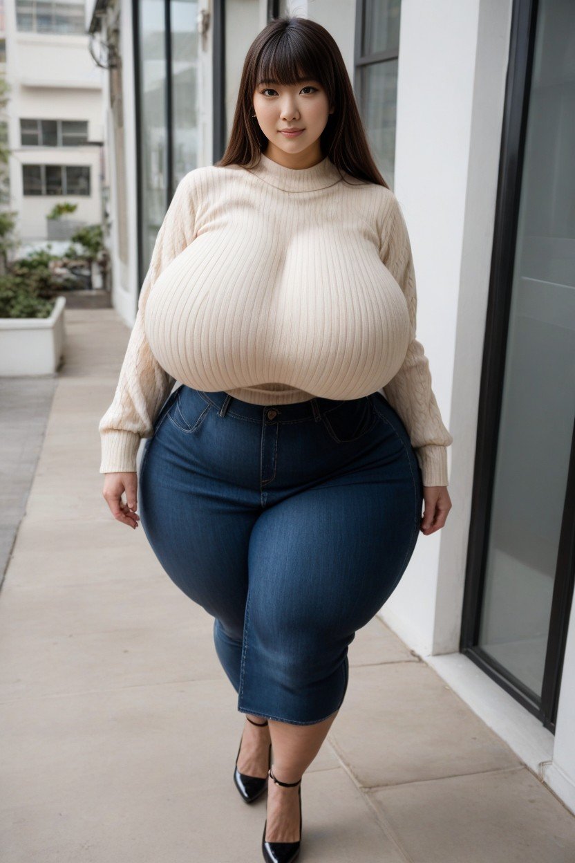 Disproportionately Large Breasts Reaches Thighs, Extremely Large Ass, Extremely Thick Muscular Thighs AI Porn