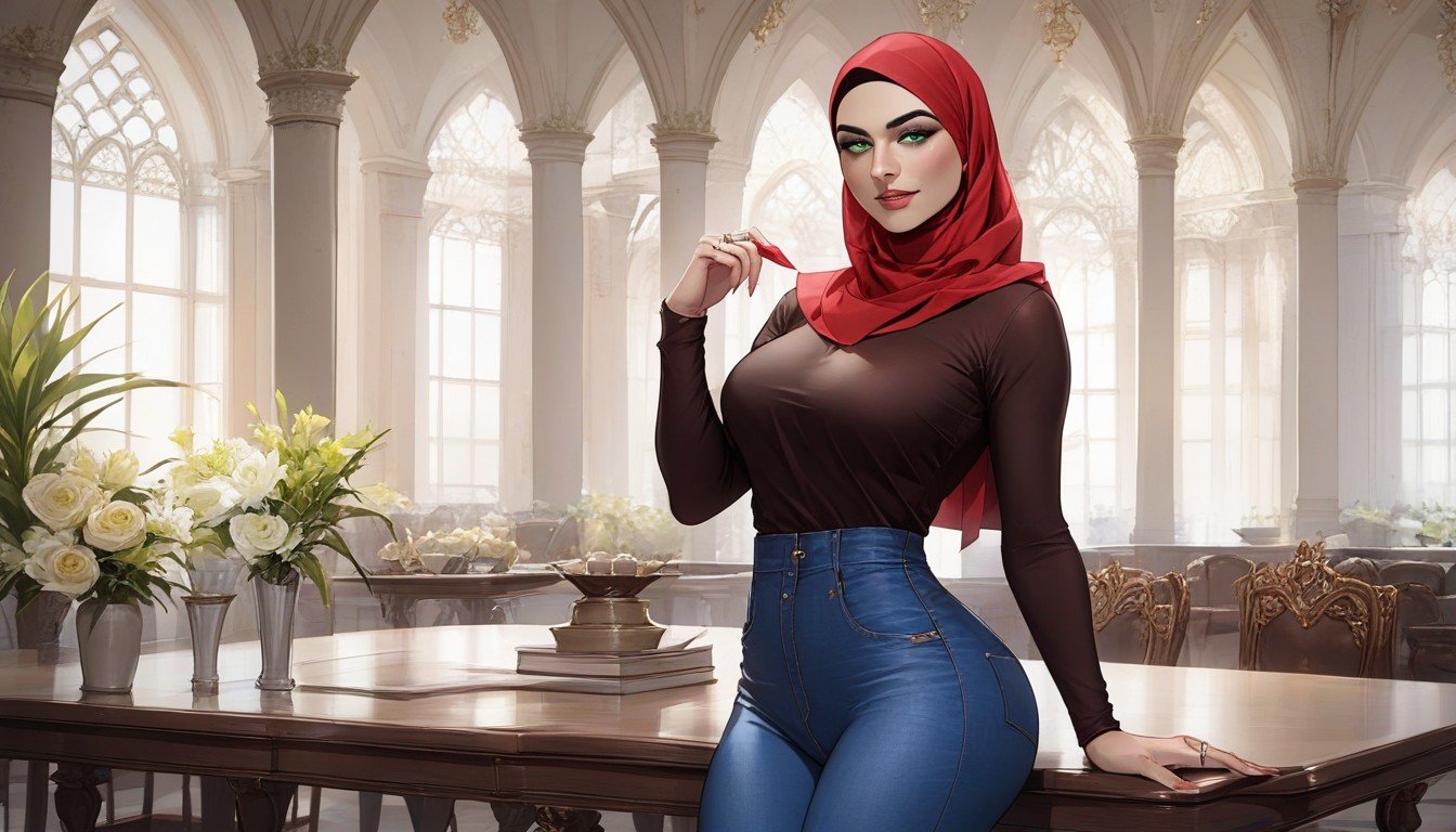 Wearing Red Hijab, Perfect Big Ass, Clear Face Pornografia de IA