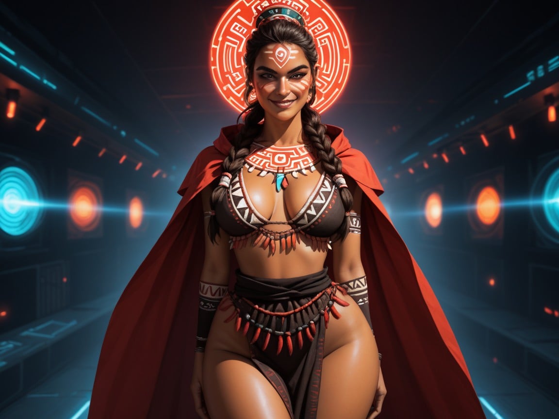 Red Half Cloak, Lean Body, Wearing Red Futuristic Tribal Clothes AI Porn