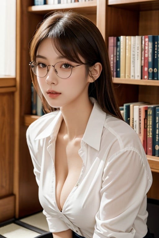 Cleavage, Library, Glasses AI Porn