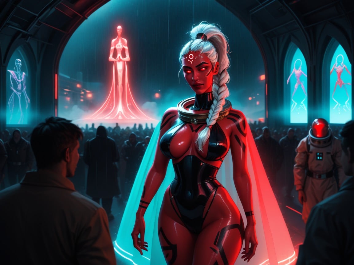 Red Neon Fog In Background, Alien Goddess, Red Energy CloakAIポルノ