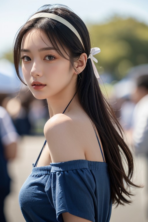 Real Person, Navyblue Hairband, Royalblue Open Shoulder TeePorno AI