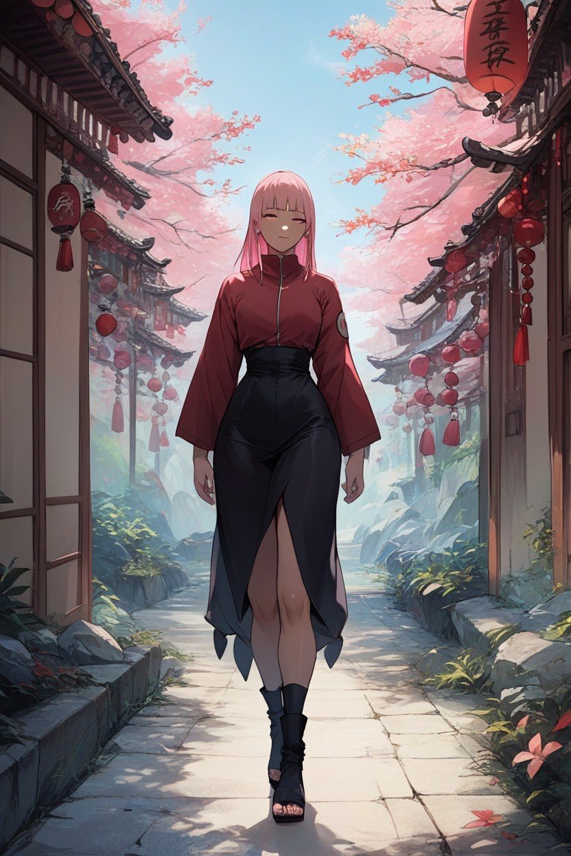 18, Sakura From Naruto/ Young-young Woman/small-chested/ Small-frame/ Wide-hips/ Curved Back, K Resolution Walking Trough VillageAI 포르노