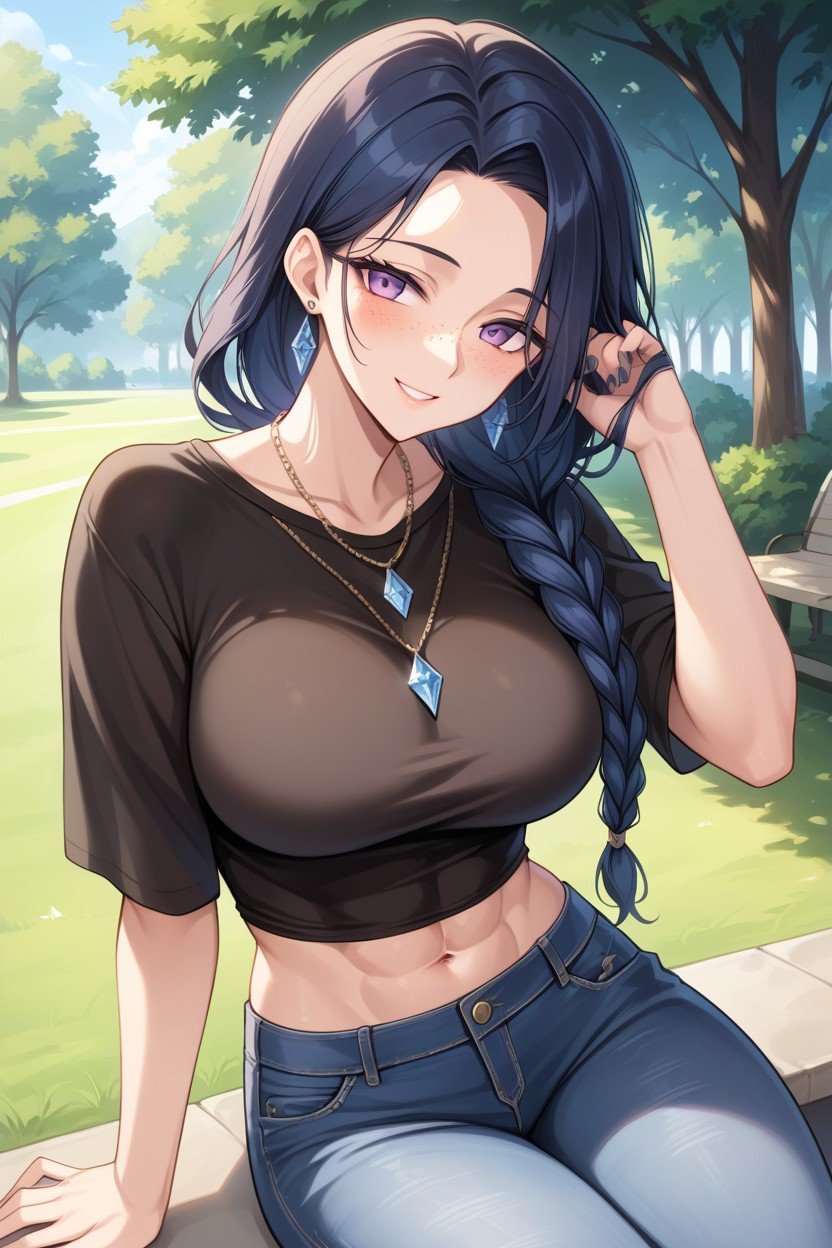 Japanese, Dark Blue Hair, Purple Eyes AI Porn