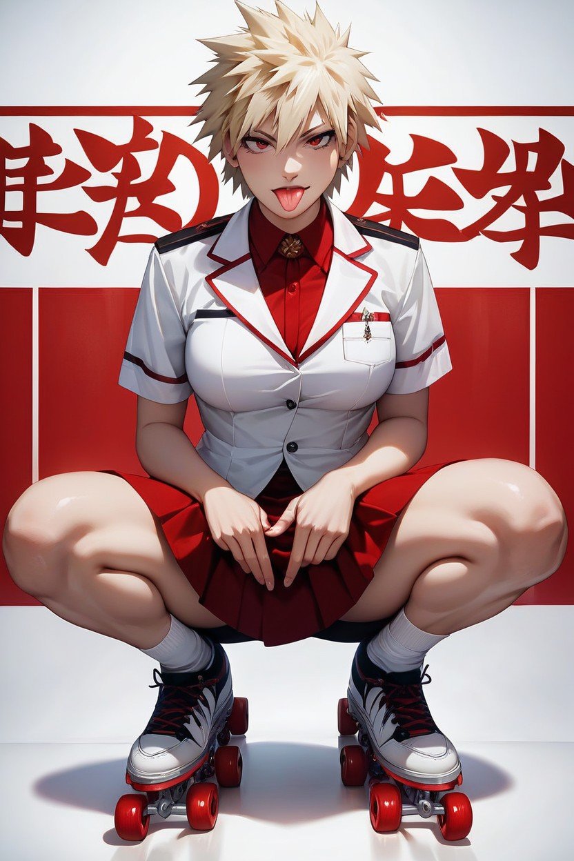 Squatting, Red Dinner Uniform, Tongue Out AI Porn