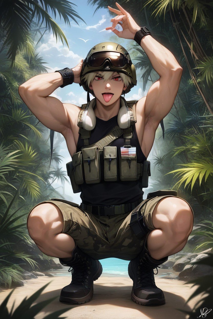 Wearing Vietnam War Helmet With Goggles Around It And White Spade Logo And Playing Card On It, Tongue Out, Black Shirt AI Porn