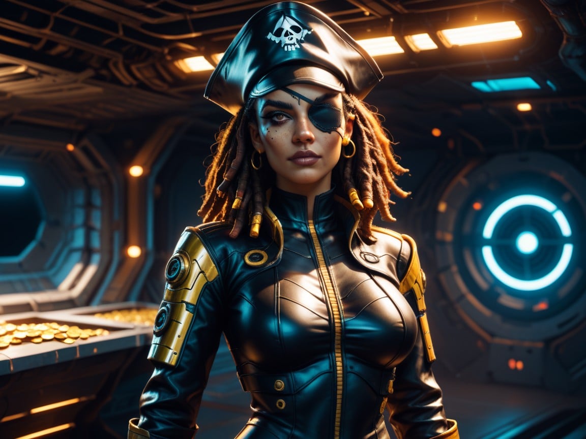 Wearing Gold Futuristic Bandit Clothes, Shapely Body, Eye PatchPorno AI