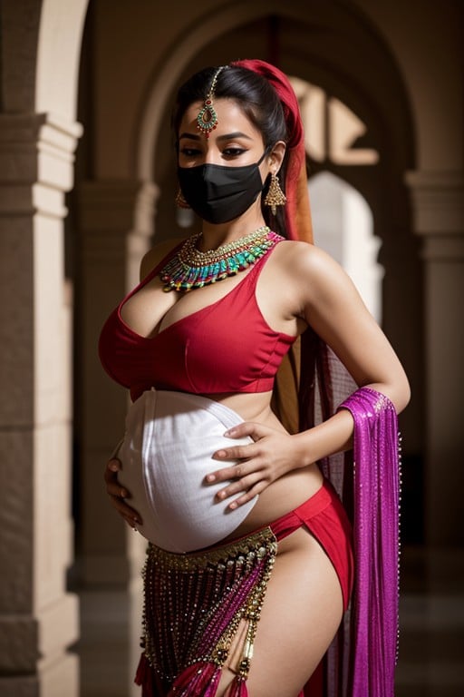 埃及人, Pregnant In Red Belly Danceing Outfit With Large Ponytail Wearing A Red Mask On Mouth Bending Over For You, 肚皮舞服裝AI黃片