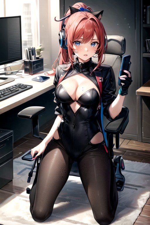 A Choke And A Plug Anal, Kneeling On A Gaming Chair, Black BodysuitニューハーフAIポルノ