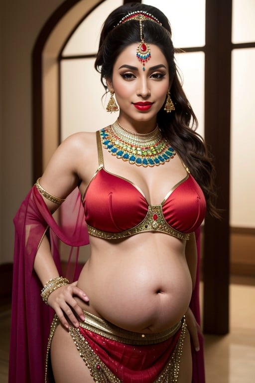 Pregnant In Red Belly Danceing Outfit With Large Ponytail Wearing A Red Mask On Mouth Bending Over For You, Hands On Hips, Belly Dancer Furry AI Porn