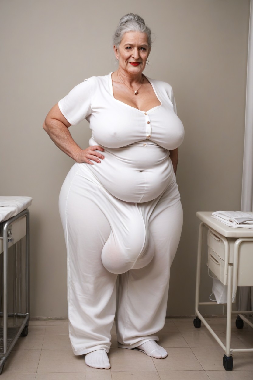 Grinning, Huge Bulge Under Clothing, Big Belly Shemale AI Porn