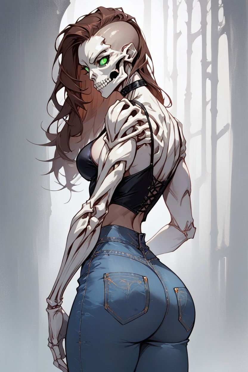 Wide Hips, Waist, Skeleton Face Long Brown Hair On The Side With Shaved Sides Hentai IA pornografia