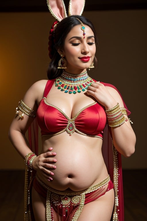 特写照片, 肚皮舞服装, Pregnant In Red Belly Danceing Outfit With Large Ponytail Wearing A Red Mask On Mouth Bending Over For YouAI黄片